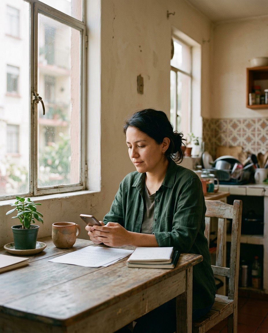 Una mujer en su cocina de la Ciudad de México revisa su teléfono.