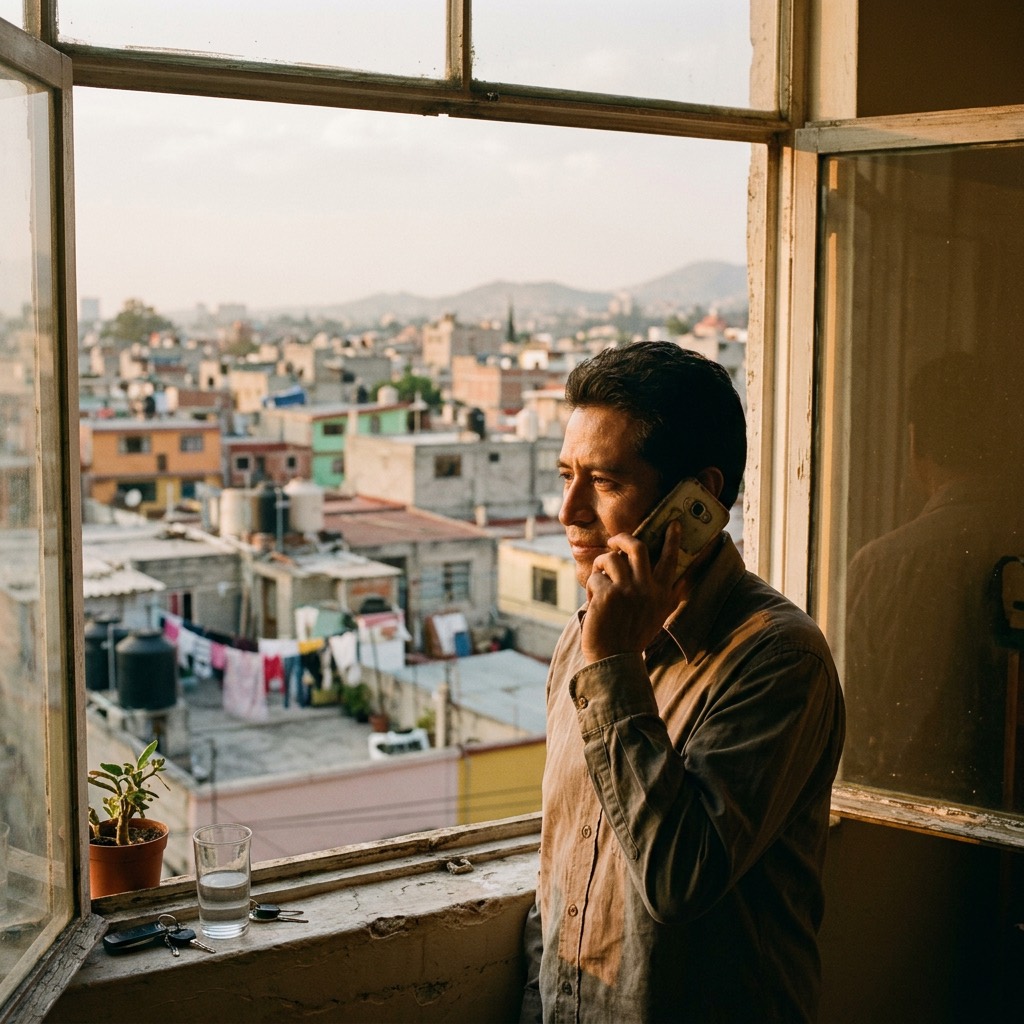 Un hombre contesta una llamada junto a una ventana con vista a la ciudad.