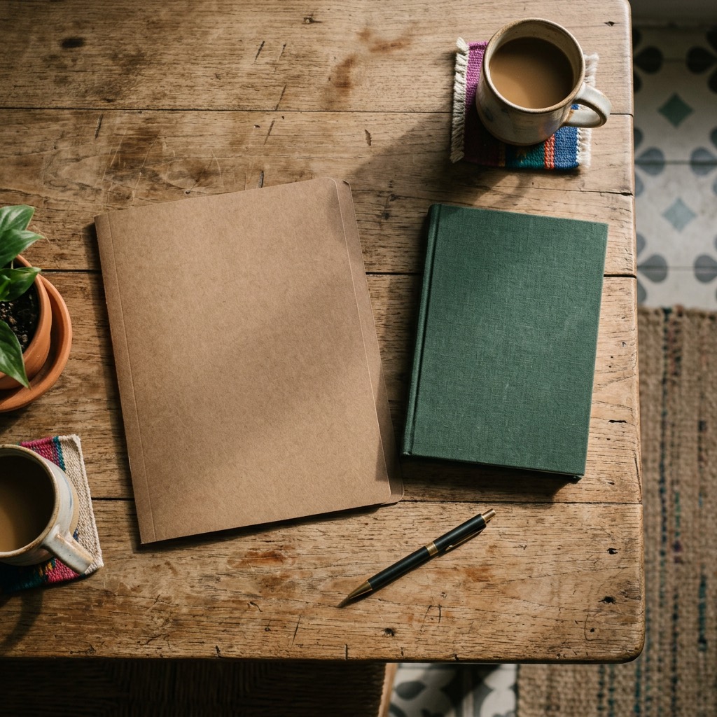 Una carpeta cerrada, un cuaderno y una pluma sobre una mesa de madera.